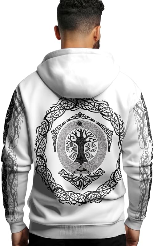 Viking Men's Hooded Collar Drawstring Hoodie Graphic Print Oversized Pullover Shirts with Pocket