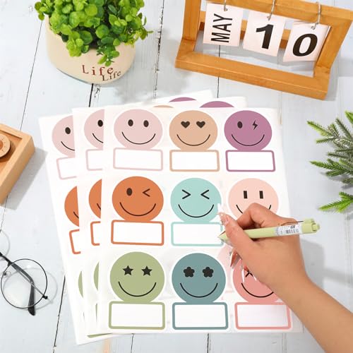 Image of Whaline 135Pcs Boho Smile Face Name Tag Stickers 9 Designs Nameplate Decals Cute Classroom Bulletin Board Labels for Back to School Student Desk Office Wall Decor