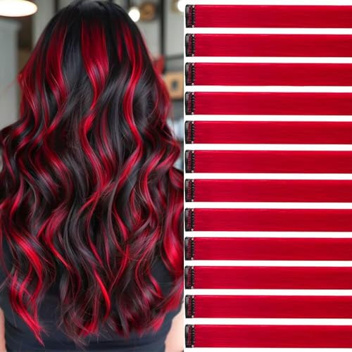 Lot de 12 mèches rouges à clipser - 55 cm - Tresses et extensions multicolores - Accessoires pour enfants