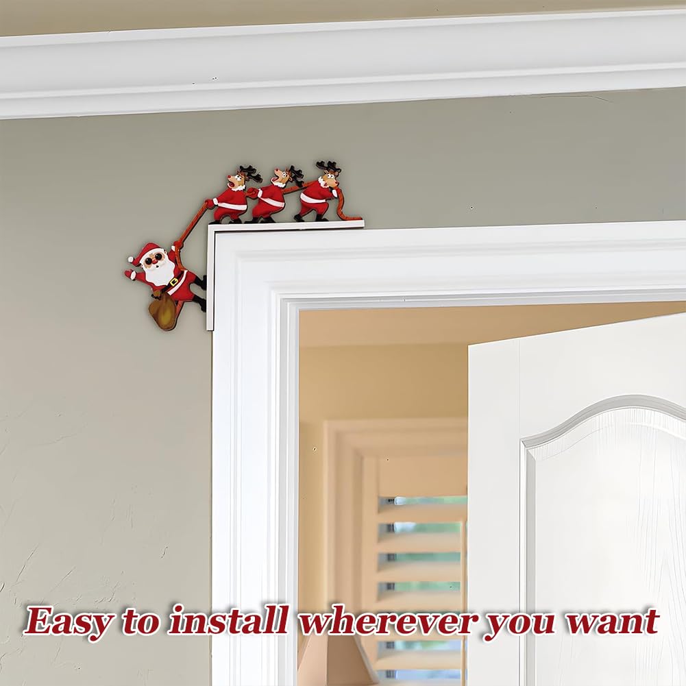 Decorazione Porta Natale In Legno Con Babbo Natale E Pupazzo Di Neve - Adesivi Inclusi, Per Porte E Finestre