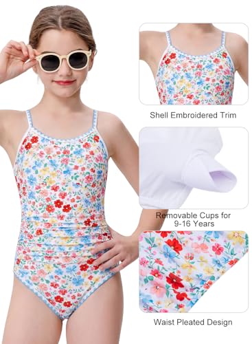 Image of XiaoMoSha Girls One Piece Swimsuit Adjustable Straps Bathing Suit Teen Girl Color Block Trim Padded Beach Swimwear 6-16 Years