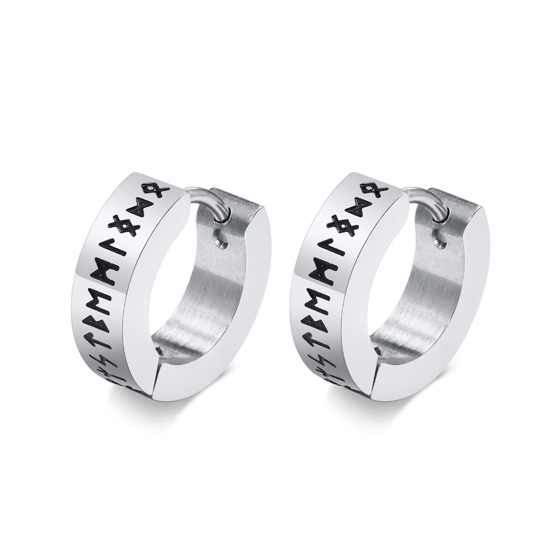 PSOWQ 1 par de pendientes de aro vikingos nórdicos para hombre, amuleto de protección, regalos de joyería, pendientes de acero inoxidable para hombre con runas nórdicas de anciano Futhark, plata