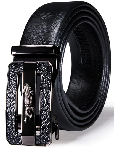 Barry.Wang Leather Ratchet Belt Tie Set Men Sliding Black 35mm Wedding Dress Formal Business,Trim To Fit2