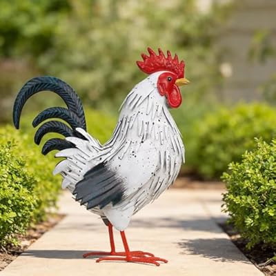 Ratuor Rooster Garden Statue Sculpture Metal Chicken Yard Decor Outdoor Figurines Patio Backyard Decoration (White)