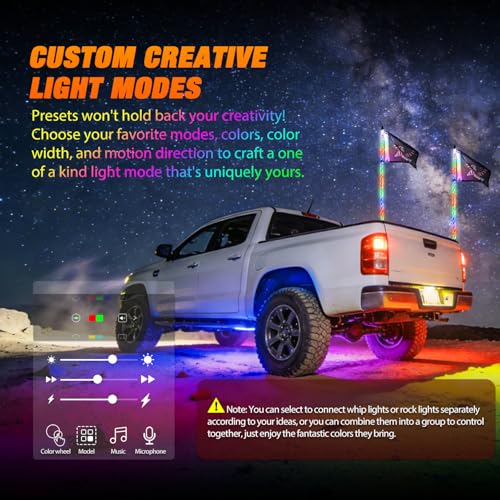 Image of Nilight 2PCS 3FT RGB LED Whip Light and 6 PCS Rock Lights Combo Remote App Control w /DIY Chasing Patterns Stop Turn Reverse Modes Safety Antenna Whips for ATV UTV Polaris RZR Can-am Dune Buggy Jeep