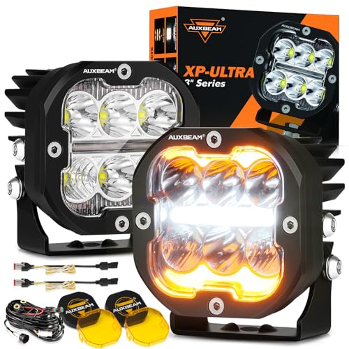 Auxbeam XP-Ultra Series 3 Inch LED Pod with DRL & Turn Signal 84W 9600LM Spot Flood Combo Ditch Lights Offroad Driving Amber Fog Light Bar with Black & Yellow Light Covers, Pair XP-Ultra 3 I