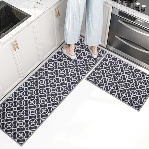 Image of HomeCloud Rectangular Kitchen Mat | Anti-Slip, Soft, Washable, Printed Designs for Floor, Kitchen & Room (6mm Thick) Pack of 2 Contain (1 Large (41 X 122 Cm) 1 Small 41 X 61 Cm) (Leaf Grey)