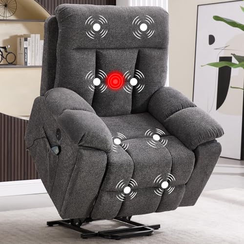 Image of CANMOV Large Power Lift Recliner Chair with Massage and Heat for Elderly Big and Tall People, Overstuffed Wide Recliners with 2 Cup Holders, Side Pocket and USB Port, Dark Grey