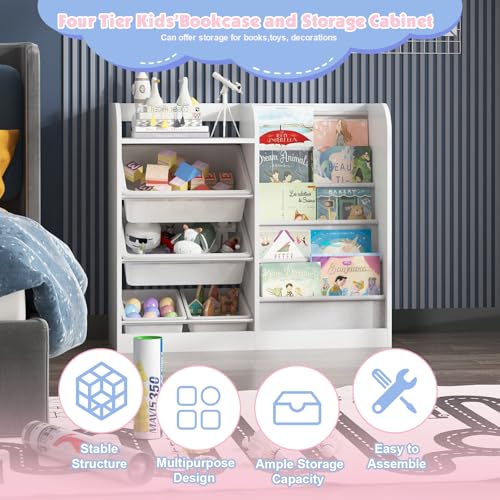 White Kids Wood Bookshelf Toy Storage Box Organizer Shelf W/4 Removable Plastic Toy Bin Children Bookcase Toddler Baby Sling Book Rack Cabinet Girl Boy Gift Playroom Bedroom Nursery Classroom Library - Image 6