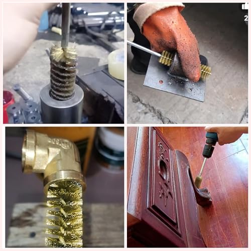 Image of 12Pcs Bore Cleaning Brush, Copper Wire Bore Brush Set with 1 /4 inch Hex Shank Handle for Power Drill