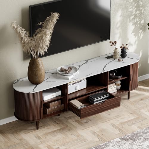 Image of DHH 71 inch Fluted TV Stand with Power Outlet for TVs up to 80 inch, TV Console with Adjustable Shelves and Sliding Door,Mid Century Modern Entertainment Center for Living Room,Bedroom (Walnut+Marble)