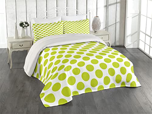 Ambesonne Lime Green Coverlet, Nostalgic Polka Dots Style Large Circles Girlish Vintage Rounds Pattern, 3 Piece Decorative Quilted Bedspread Set with 2 Pillow Shams, King Size, Lime Green White