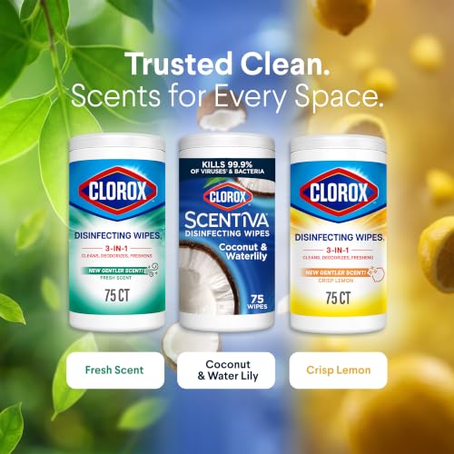 Image of Clorox Disinfecting Cleaning Wipes, Bleach Free, Crisp Lemon, Fresh Scent, Scentiva Coconut and Waterlily, 75 Count Each (Package May Vary)
