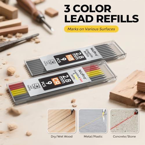 Nicpro Zimmermannsbleistift mit Spitzer, CP3000 Zimmermanns-Druckbleistift mit 19 Minen, Tieflochmark für den Bau, robuster Konstruktionsbleistift, Holzbearbeitungswerkzeug für Architektenmarkierungen