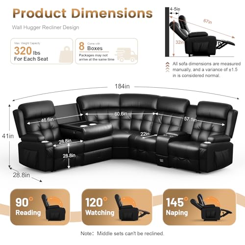 Image of Leather Sectional Couches for Living Room, L Shaped 5 Seats Reclining Sectional Sofa with Massage, USB & Console, Manual Recliner Corner Couch with Flip-Down Backrest & Cup Holders, for Home Theater