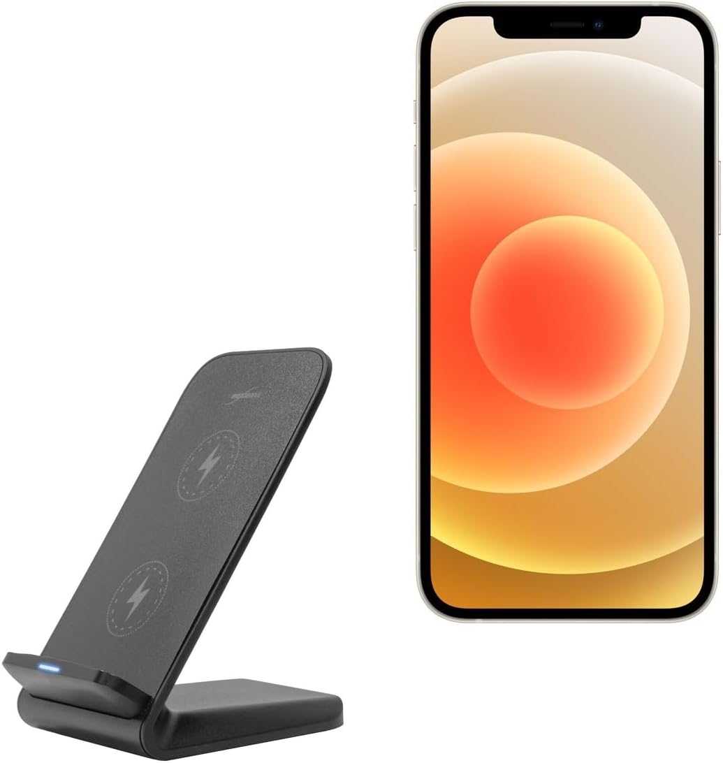 BoxWave Charger Compatible with Apple iPhone 12 - Wireless QuickCharge Stand (15W), Desktop Viewing Qi Wireless Charging - Jet Black