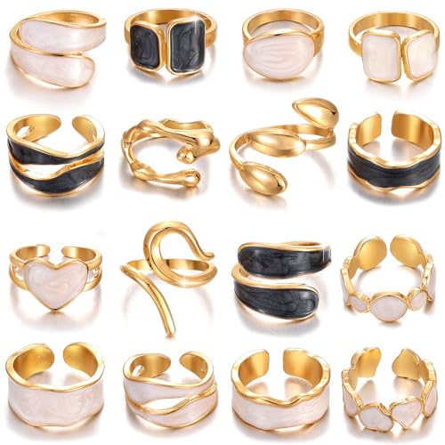 KISS WIFE Gold Rings for Women, Chunky Adjustable Rings Set, Stackable Finger Ring Pack, Open Fashion Anillos Para Mujer Y2K Accessories Dripping-Paint Pearlized Finish Leaf Ring Stack Jewelry Gift