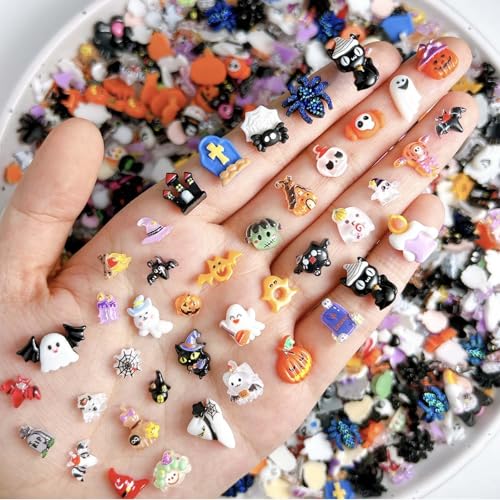 ONPRESS 50Pcs Halloween Nail Charms Colorful Mini Cute Cartoon Nail Art Charms Bat Spider Mummy Ghost Nail Diamonds Castle Eyes Skull Black Cat Nail Art Rhinestones Nail Gem for Women Manicure DIY