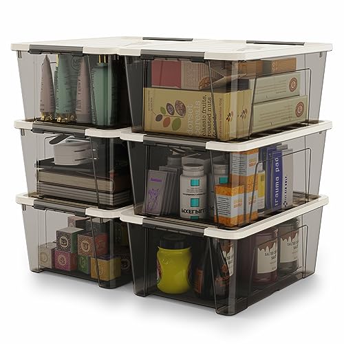 Image of WYT Small Clear 5-Quart Plastic Storage Container Bin with Khaki Secure Lid and Black Latch Buckles, Durable Stackable Nestable Organizin, 6-Pack
