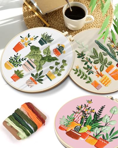 Image of TINDTOP 3 Pack Embroidery Kit for Adult, Embroidery DIY Starter Kit | with Stamped Patterns, Hoop, Tools, Colorful Threads with Needles, Instructions