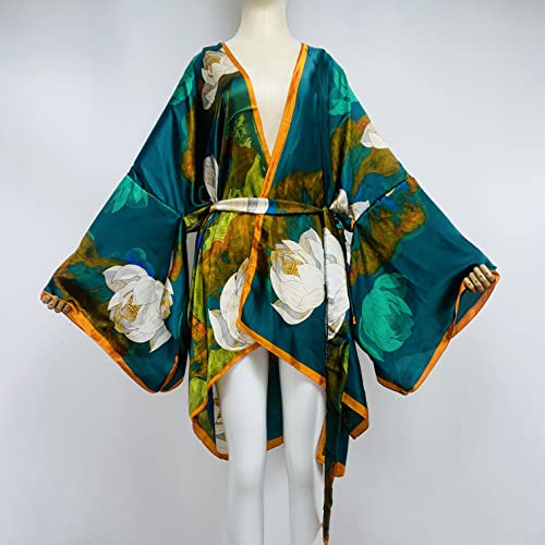 Summer Beach Cover up Women Cardigan Fashion Sexy Boho African Holiday Party Long Sleeve Silk Feeling Robe Kimono Kaftan2