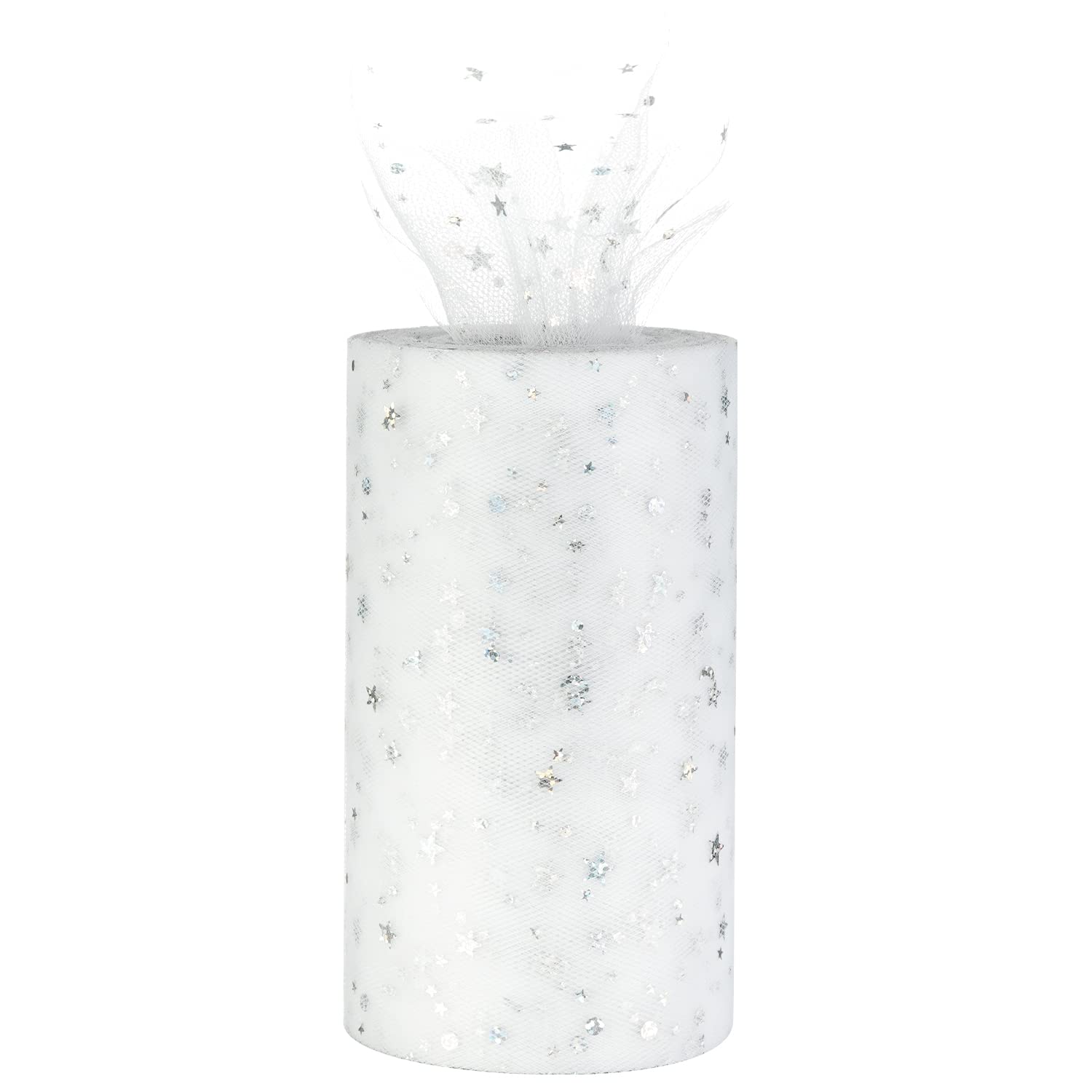 Glitter Tulle Rolls, 6” by 50 Yards (150FT) Sequin Tulle with Star Moon Netting Fabric Tulle for Tutu Skirts Sewing Birthday Wedding Party Decoration (White)