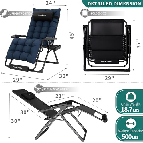 Image of UDPATIO Oversized Zero Gravity Chair Patio Reclining Chairs with Cushion | 29In Set of 2 Outdoor Folding Recliner with Pillows,Cup Holder, Foot Rest, Detachable Pad, Locking Navy-xl