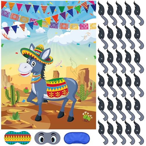 WNSIRVY Pin The Tail On The Donkey Mexican Donkey Party Games Poster with 30 Pcs Tails Stickers for Kids Birthday Mexican Fiesta Carnival Party Favors