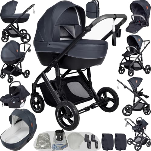 Magic ZC Carrito Bebe 4 en 1, Carrito Bebe con Diseño Portátil Plegable de Un Clic, Carro4 Piezas Empuje Reversible de Dos Vías, Cochecito Tres Piezas con Accesorios (V7 Deep Grey)