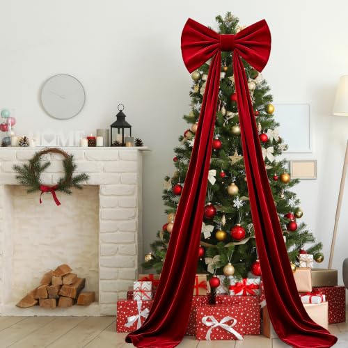 20 x 71 Inch Extra Large Velvet Bows for Christmas Tree - 1 Pack Giant Velvet Bow Christmas Tree Topper Decor with Long Streamers for Xmas Tree Front Door Home Party Bow Ornaments (Red) - image 6