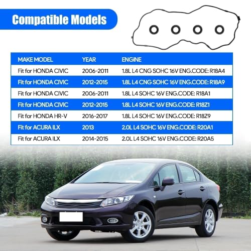 Image of VS50741R Engine Valve Cover Gasket Set Compatible with 2006-2015 Honda Civic 2016-2017 HR-V 2013-2015 Acura ILX 1.8L 2.0L L4 Replace # 12341RNAA01
