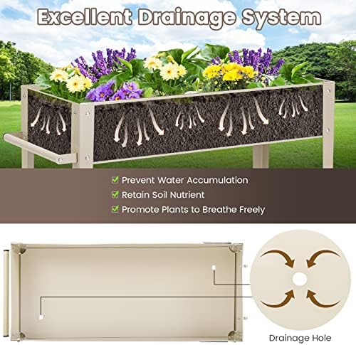 COSTWAY Metal Raised Garden Bed, Mobile Outdoor Planter with Wheels, Handle and Bottom Shelf, Elevated Grow Box for Vegetables, Flowers, Herbs (with Hanging Hooks, Beige, 106 x 51 x 80 cm)