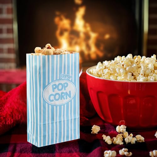 Image of Potchen 200 Pcs Paper Popcorn Bags Bulk 2 oz Large Individual Serving Popcorn Bag Flat Bottom Disposable Container Vintage for Movie Night Themed Summer Back to School Party Carnival (Light Blue)