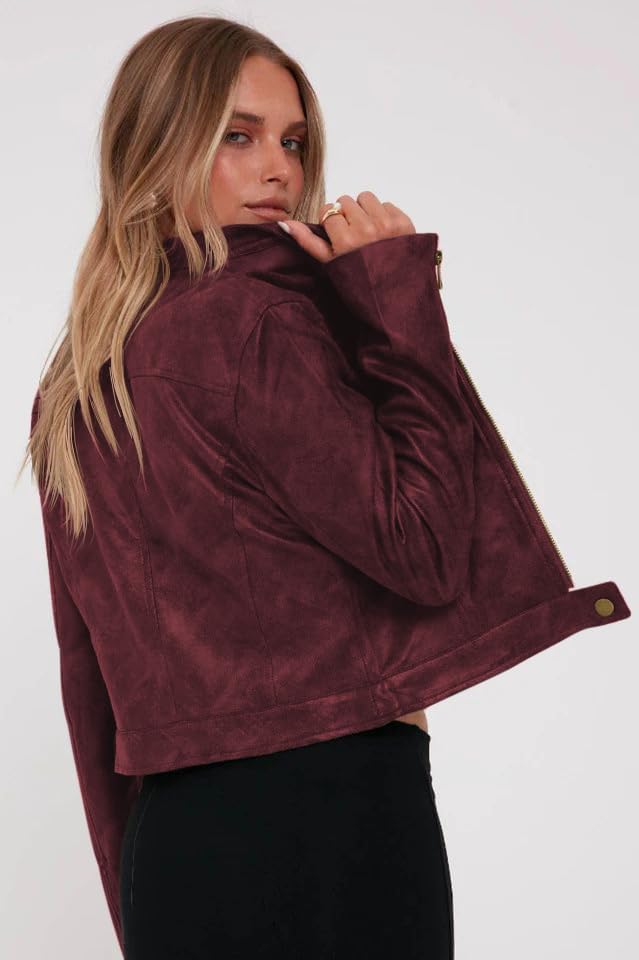 Onedreamer Women's Faux Leather Cropped jackets Casual Vintage Zip Up Stand Collar Motorcycle Short Coat Jacket - Image 6