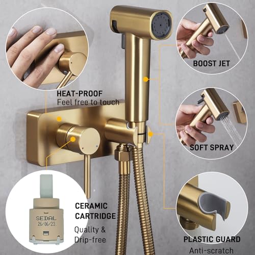 HOMYEP Brass Handheld Bidet Sprayer Attachment for Toilet, Bathroom Hot and Cold Water Bidet Faucet for Through-Wall or Vanity Mount, Single Handle 4-Inch RV Camper Shower Valve, Brushed Gold - Thumbnail 3