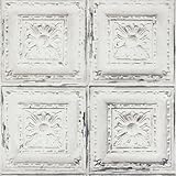 Froluya Vintage Wallpaper Peel and Stick Distressed White Contact Paper 16.9” x 118.1” Embossed Self Adhesive Removable Wallpaper for Ceiling Faux Tin Tile Wall Paper for Kitchen Backsplash Vinyl