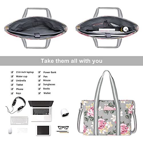 MOSISO Laptop Tote Bag for Women (17-17.3 inch), Canvas Rose Multifunctional Work Travel Shopping Duffel Carrying Shoulder Handbag Compatible with MacBook, Notebook and Chromebook, Grey2