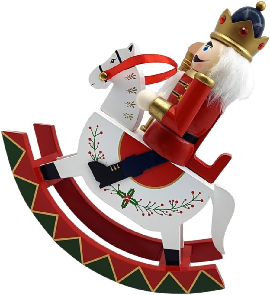 VICASKY Traditional Wooden Nutcracker Figurine Large Rocking Horse Christmas Nutcracker Decoration Red Festival Ornament for Home Shelves and Tabletop Display