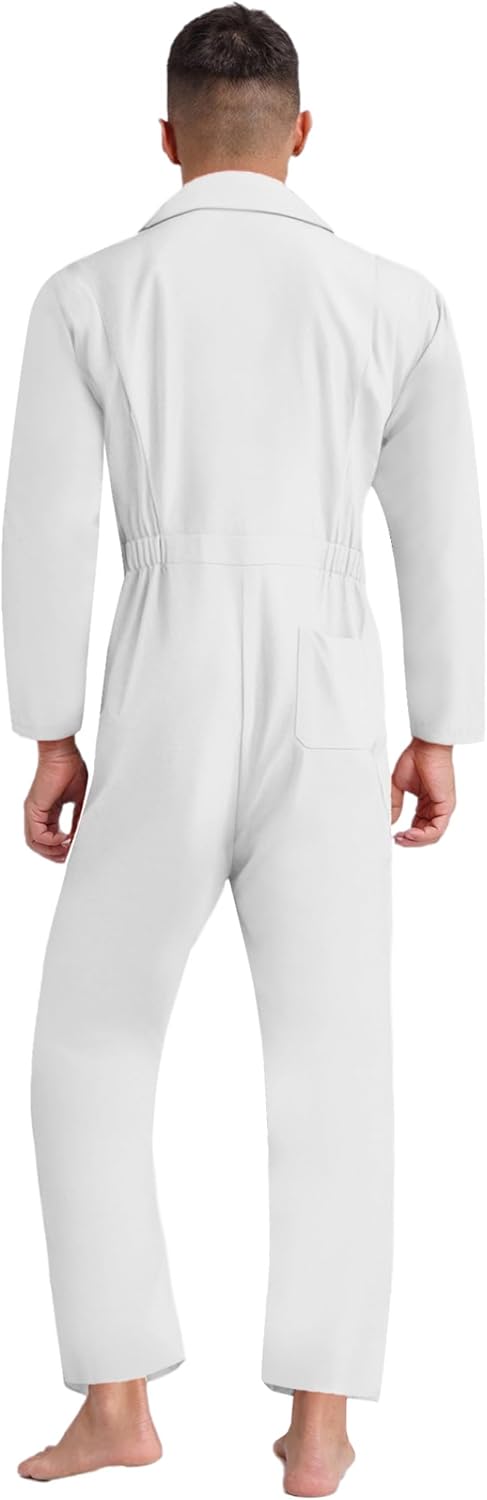 Men's One Piece Work Uniform Jumpsuit Long Sleeve Stylish Turn Down Collar Coveralls Mechanics Work Clothes White XX-Large