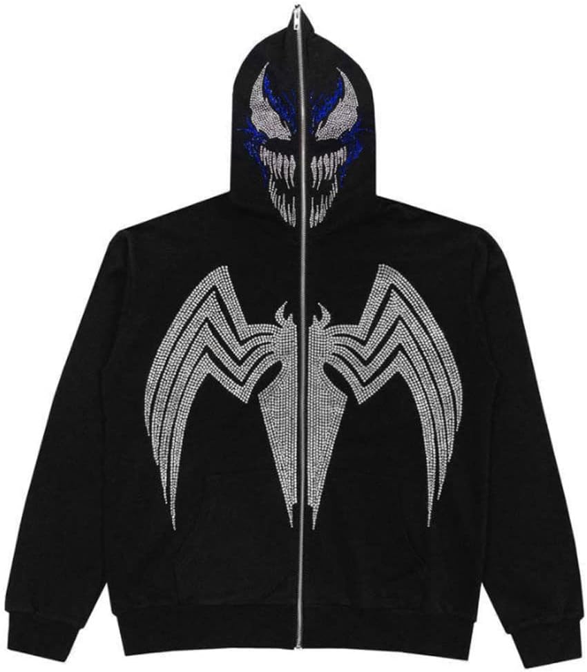 HZCX FASHION Men Gothic Skeleton Hoodies Rhinestone Sweatshirt Full Zip Over Face