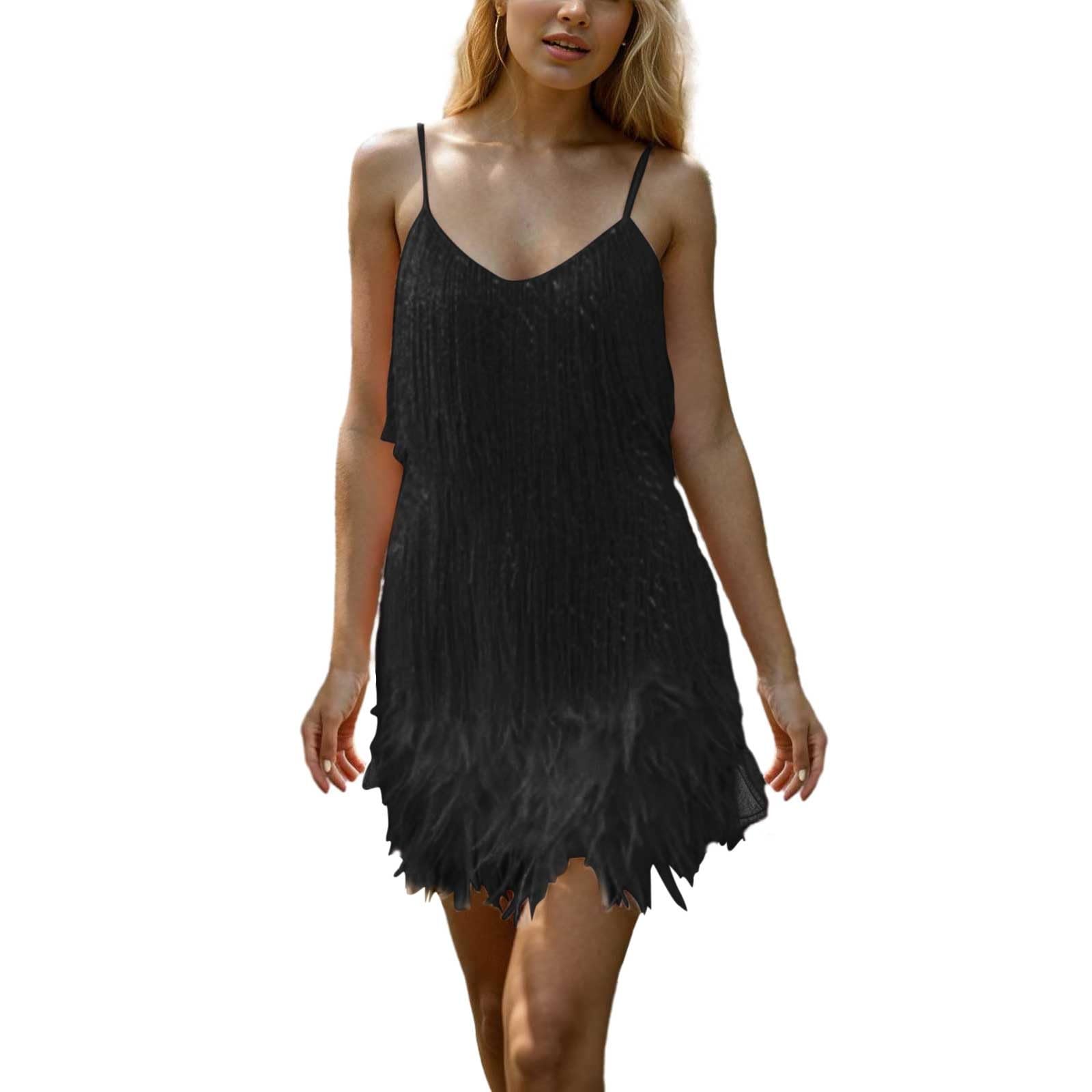Vestido Femenino Elegante para Noche con Plumas y Lentejuelas de Moda en Tirantes y Escote en V
