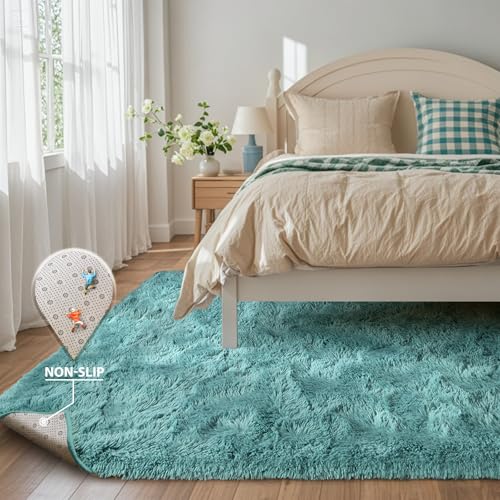 6x9 Rug for Living Room Teal Shag Area Rugs, Modern Plush Non-Slip Soft Carpets for Bedroom Kids Nursery Dorm Daycare Floor