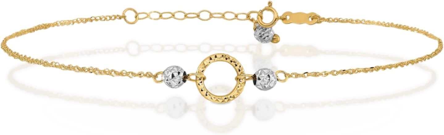 IceCarats 14K Solid Two Tone Gold 1mm Dainty Singapore Chain Bead Bracelet Anklet 9 Plus 1 inch Diamond Cut For Her