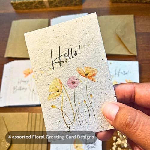 Image of Handmade Mini Cards with Real Oregano Leaves,2.5 in x 3.7 in Closed,Pack of 24, Recycled Paper, Kraft Envelopes, Watercolor Prints, Blank Inside, Eco-Friendly, WHITE