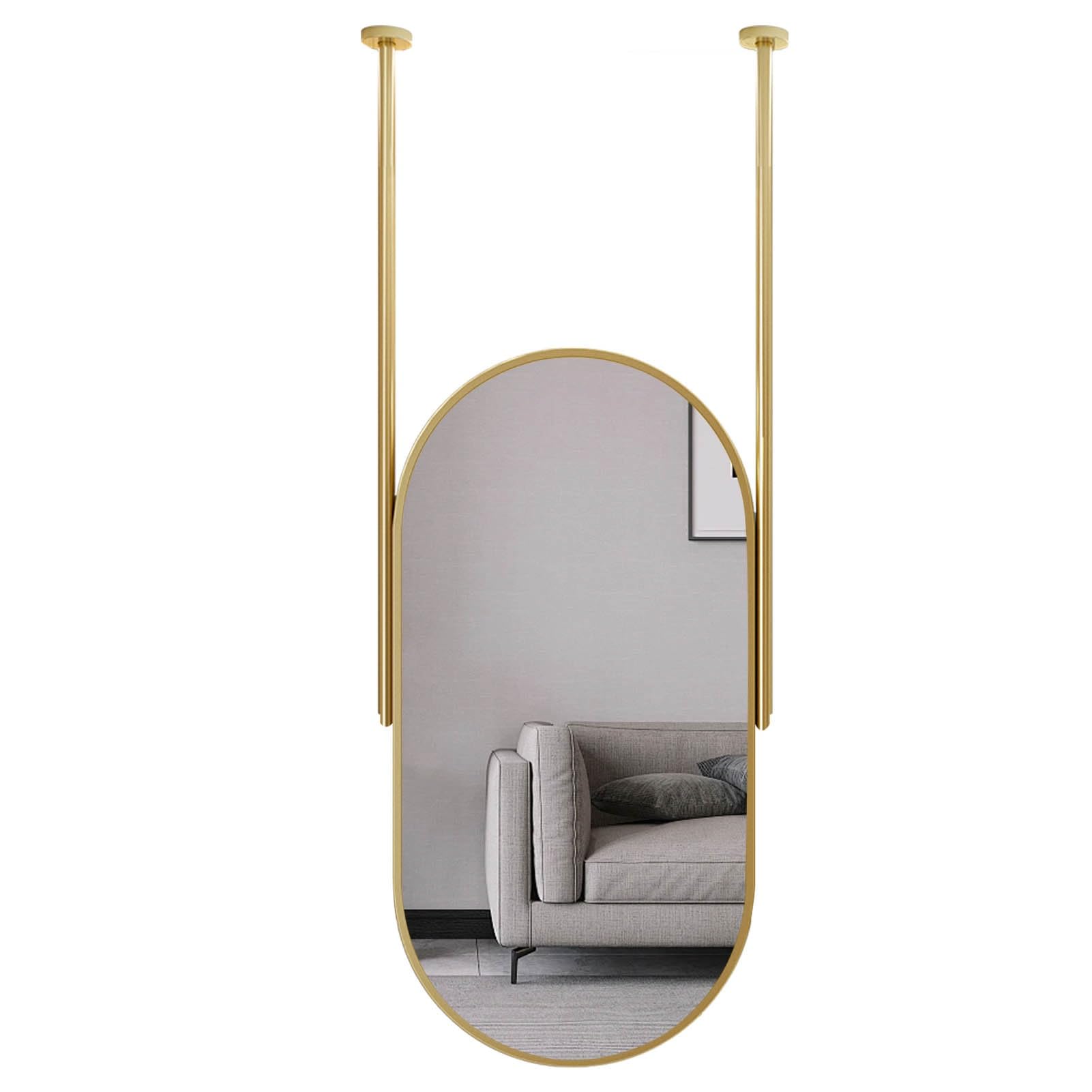 Złote owalne lustro łazienkowe z metalową ramą i wysięgnikiem do sufitu, wiszące lustro do makijażu, lustro do golenia na ścianie, łatwy montaż(50x60cm)