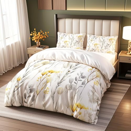 Housse de couette 240x260 fleurie jaune et grise avec parure de lit 3 pièces