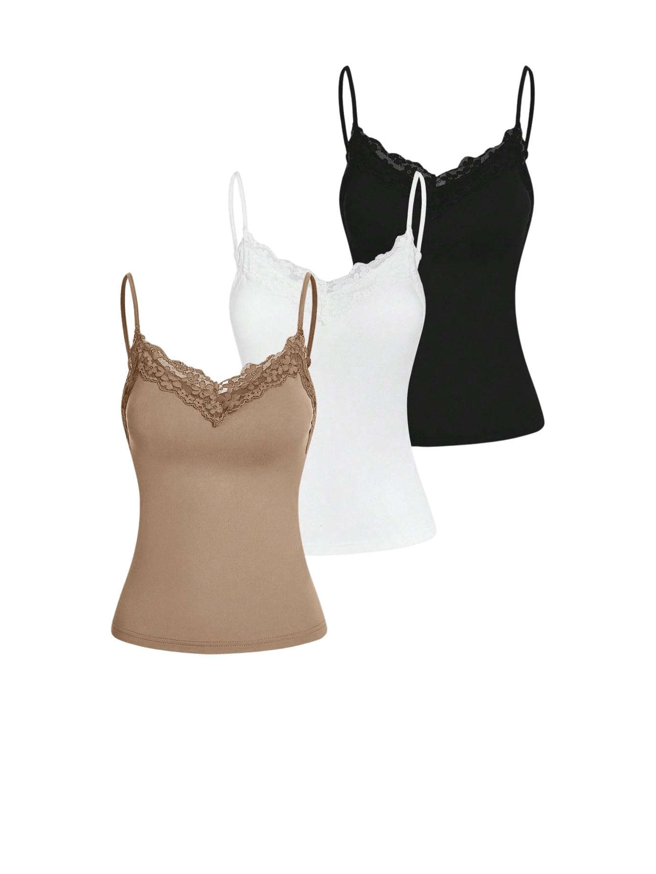 SOLY HUX Women's Camisole Tops with Built in Bra 3 Packs Lace Trim Spaghetti Strap Cami Tank Top