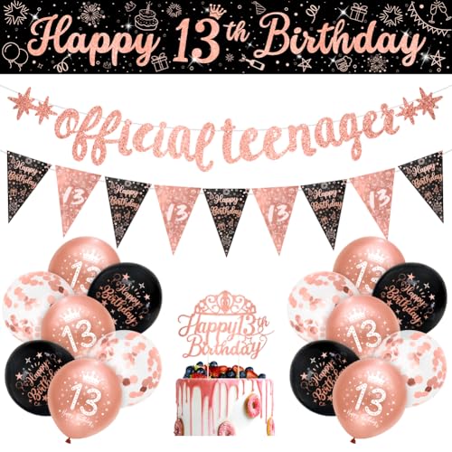 Girls 13th Birthday Decorations Black Rose Gold Official Teenager Decorations 16 Pack Girls Happy 13th Birthday Banner Bunting Kit by Sheinly