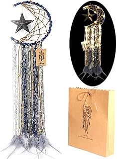 Handmade Half Moon Star Dream Catcher Wall Decor, Blue Dream Catchers Light Up, Night Light Dream Catcher for Boys Bedroom, Feather Dream Catcher Home Decoration For Kids