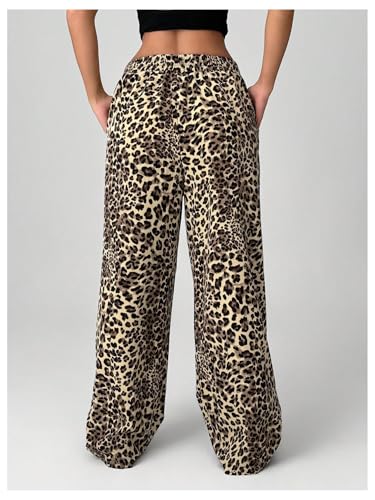 Women's Letter Leopard Print Straight Leg Pants Elastic Waist Y2K Trousers Bottoms with Pockets2